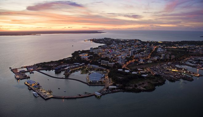 Darwin city aerial at sunset
